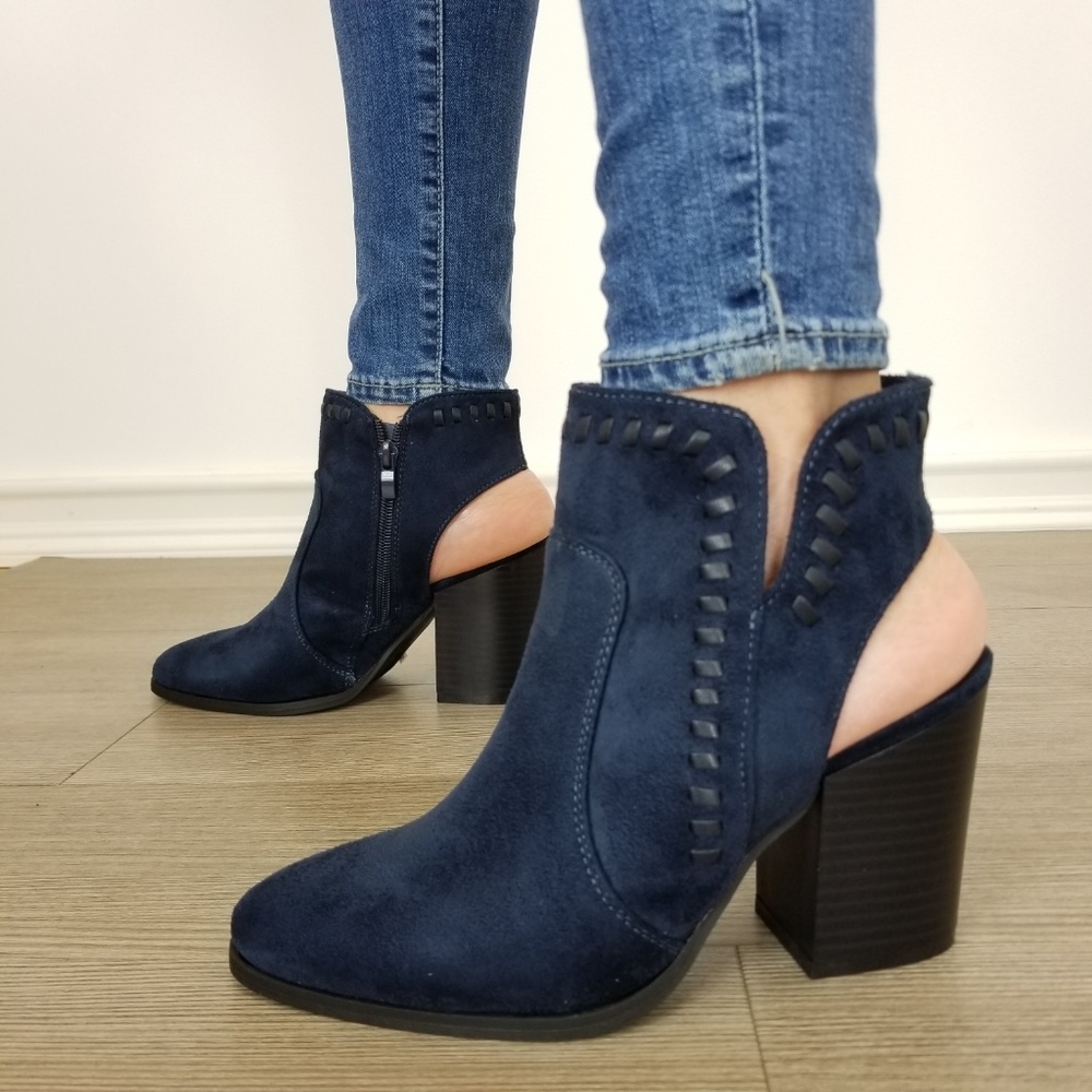 Pointy Toe Navy  Suede Ankle Boots With Sling Back - Picture 4 of 8